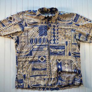 Bishop St Mens Large Aloha Hawaiian Shirt Blue Tatau 1/4 Button Pullover Coconut